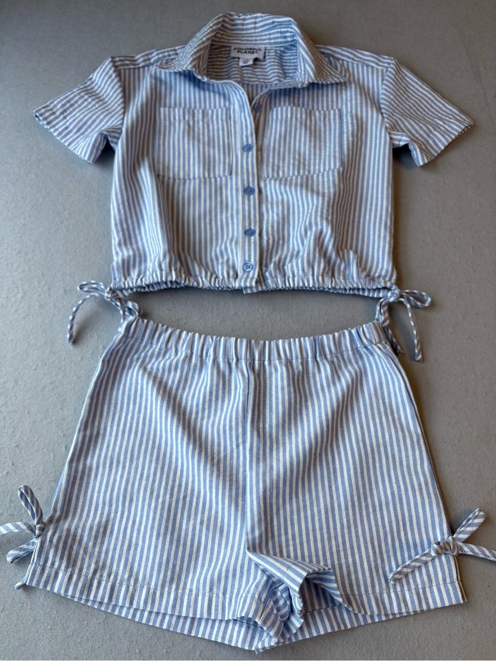 Colorful Planet Girls Blue White Striped 2-Piece Outfit Set Sz S 7/8 Kids